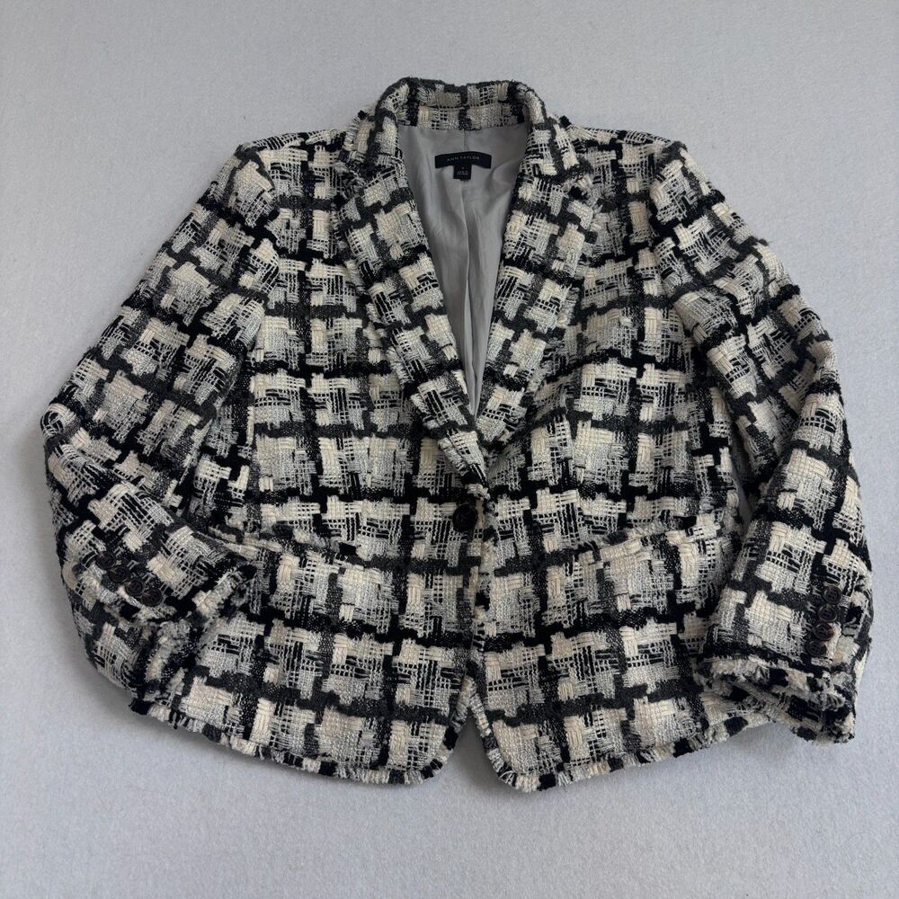 Ann Taylor Tweed Blazer Jacket Women's 6 White Black Career Preppy Single Button